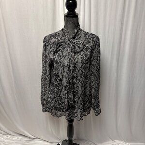 Violet & Claire Blouse Womens Size Large Snake Print Sheer Long Sleeve Neck Tie
